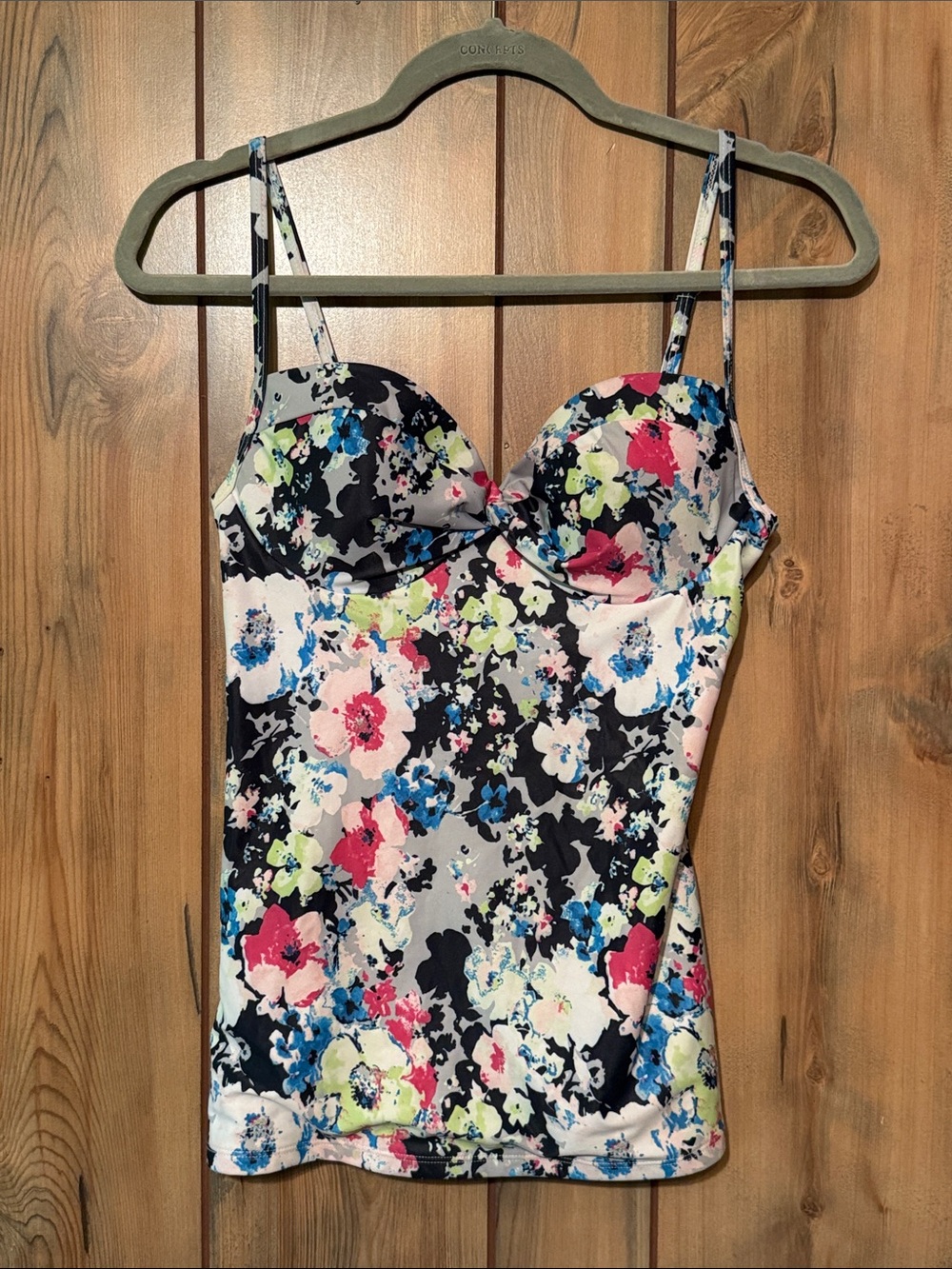 Floral Bustier Tankini bathing suit top in Black with Pink, Blue & Green
